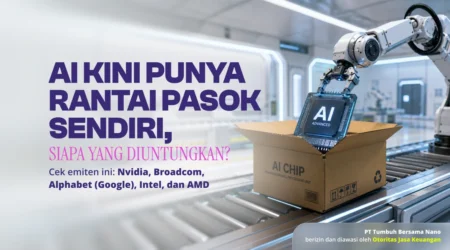 AI Kini Punya Rantai Pasok Sendiri, Siapa yang Diuntungkan? Robotic arm places an AI chip into a cardboard box on a conveyor belt, with bold Indonesian headline about the AI supply chain and beneficiaries.