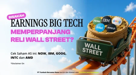Bisakah Earnings Big Tech Memperpanjang Reli Wall Street? Cart labeled 'WALL STREET' on a roller coaster track, overflowing with gold coins and tech logos (NOW, IBM, Google, Intel, AMD) as bold headlines discuss big tech earnings.