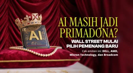 AI Masih Jadi Primadona? Wall Street Mulai Pilih Pemenang Baru Crown on a computer chip with 'AI' symbol; Indonesian headline asks 'AI MASIH JADI PRIMADONA? WALL STREET MULAI PILIH PEMENANG BARU' and mentions Dell, AMD, Micron, Broadcom.
