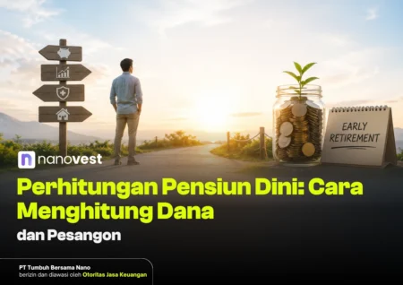 Perhitungan Pensiun Dini: Cara Menghitung Dana & Pesangon Man standing at a crossroads at sunset with signposts, a coin jar sprouting a plant, and an 'Early Retirement' calendar nearby (planning image).