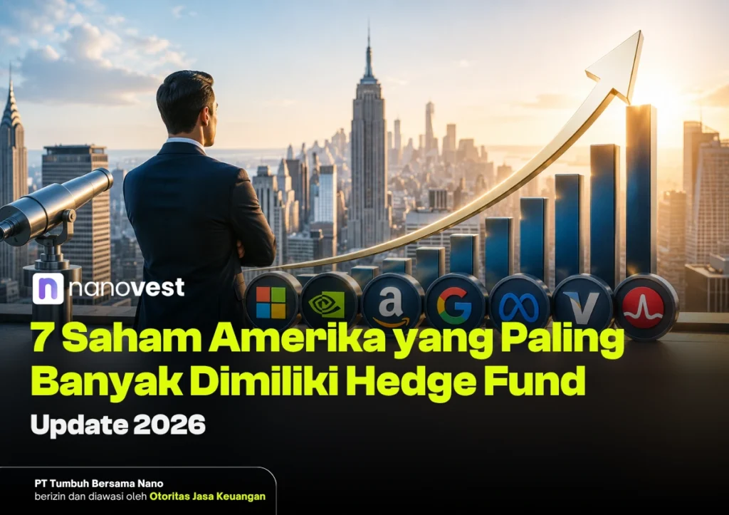 7 Saham Amerika yang Paling Banyak Dimiliki Hedge Fund (Update 2026) Pria berjas dari belakang berdiri di atap melihat skyline kota dengan grafik batang naik dan ikon perusahaan, terkait artikel saham AS oleh hedge funds.