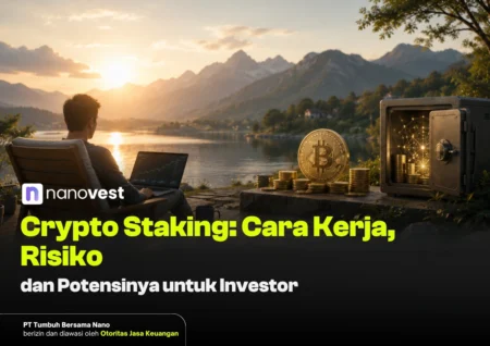 Crypto Staking: Cara Kerja, Risiko, dan Potensinya untuk Investor Man on a lounge chair by a lake at sunset, laptop open, a large Bitcoin coin and stacked coins beside a safe, illustrating crypto staking themes.