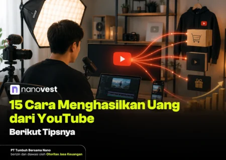 15 Cara Menghasilkan Uang dari YouTube untuk Pemula (Update 2026) Thumbnail of a creator in a home studio recording with a mic, camera, and soft lighting; monitor shows YouTube logo and bold Indonesian title about earning money from YouTube