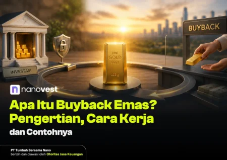 Apa Itu Buyback Emas? Pengertian, Cara Kerja, dan Contohnya Gold bar on a circular pedestal with a Buyback sign and city skyline, for a Nanovest article about gold buyback.