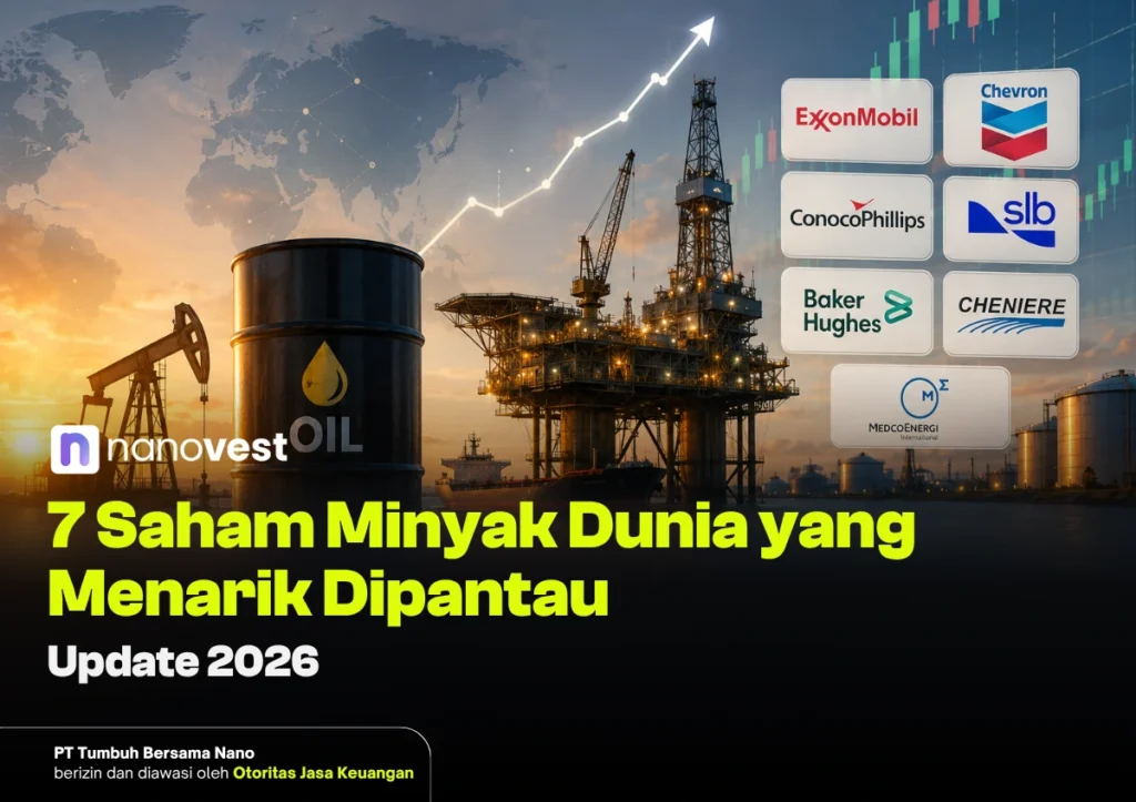 7 Saham Minyak Dunia yang Menarik Dipantau (Update 2026) Oil rigs and offshore platform at sunset with a rising stock chart, world map backdrop, and several oil-company logos next to a bold Indonesian headline about 7 oil stocks to watch (2026).