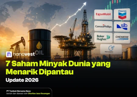7 Saham Minyak Dunia yang Menarik Dipantau (Update 2026) Oil rigs and offshore platform at sunset with a rising stock chart, world map backdrop, and several oil-company logos next to a bold Indonesian headline about 7 oil stocks to watch (2026).