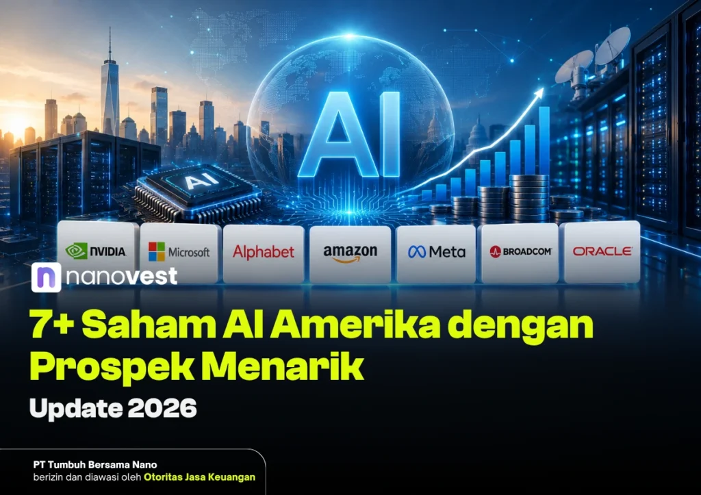 7+ Saham AI Amerika dengan Prospek Menarik (Update 2026) AI investment banner showing a globe, rising stock chart, and logos of Nvidia, Microsoft, Alphabet, Amazon, Meta, Broadcom and Oracle with the headline about 7+ US AI stocks to watch (Update 2026).