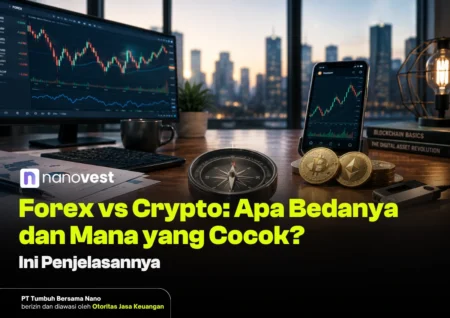 Forex vs Crypto: Apa Bedanya dan Mana yang Cocok untuk Kamu? (2026) Blog thumbnail: Forex vs Crypto article cover showing charts, crypto coins, compass, and a laptop on a desk with Indonesian headline.