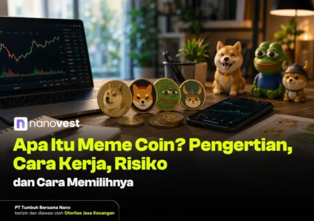 Apa Itu Meme Coin? Pengertian, Cara Kerja, Risiko, dan Cara Memilihnya Hero image for a crypto article: meme-coin tokens on a desk with a laptop chart and a smartphone showing graphs (Nanovest branding).