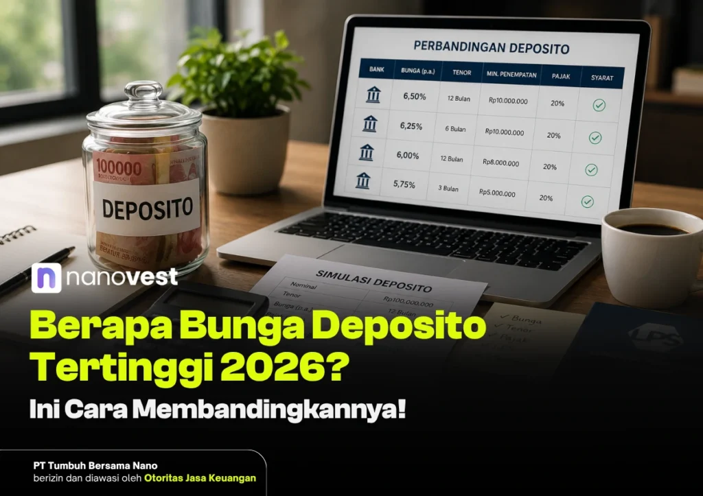 Berapa Bunga Deposito Tertinggi 2026? Ini Cara Membandingkannya Thumbnail for a finance article: a jar of money labeled 'DEPOSITO' beside a laptop displaying a deposit comparison table and a bold title about 2026 rates.