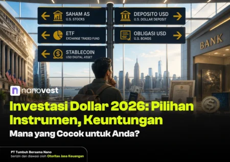 Investasi Dollar 2026: Pilihan Instrumen, Keuntungan, dan Mana yang Cocok untuk Anda? Man with backpack in a bank lobby gazes at blue signposts listing US investment options (stocks, USD deposits, bonds, ETFs, stablecoins), overlaid with Indonesian article title about Dollar investments 2026.