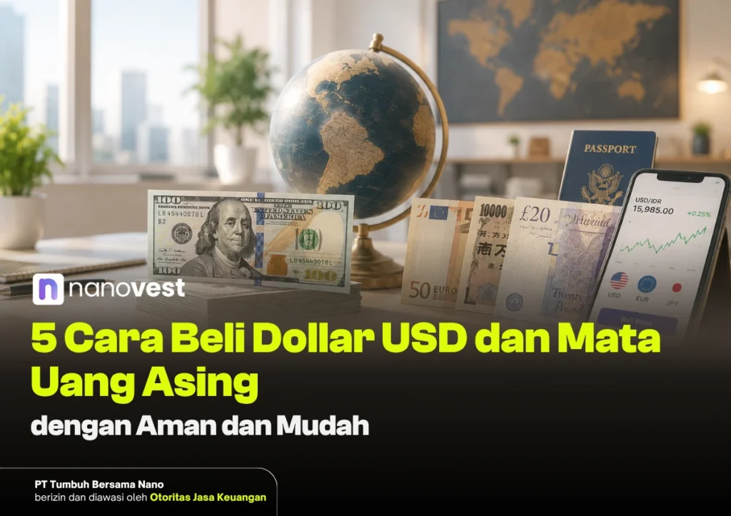 5 Cara Beli Dollar USD dan Mata Uang Asing dengan Aman dan Mudah Desk with a globe, stacked cash (USD and other currencies), a passport, and a smartphone showing a currency chart—image for an article about buying USD and foreign currencies.