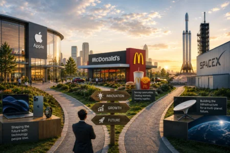 Rekomendasi Saham Hari Ini: AAPL, MCD, SPCX (1 Juli 2026) Modern tech campus scene with Apple store, McDonald's, and a SpaceX rocket in the background; a suited man reads directional signs labeled Innovation, Growth, Future.