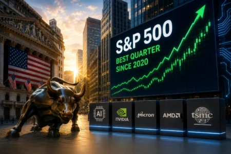 Dow dan S&P 500 Akhiri Kuartal dengan Rekor Baru Bronze charging bull statue in a financial district with a large S&P 500 billboard showing an upward green stock chart and logos for Nvidia, Micron, AMD, and TSMC nearby.