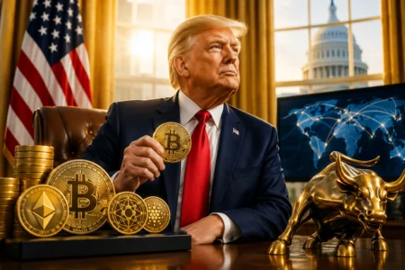 Laporan Keuangan Trump Soroti Lonjakan Bisnis Kripto Man in a dark suit and red tie sits at a desk holding a Bitcoin coin, with gold crypto coins, a bull statue, and a world map display in the background.