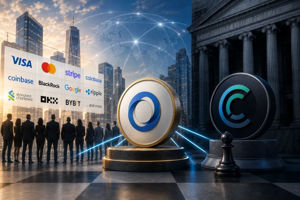 Open USD Masuk Pasar Stablecoin, Circle Tertekan? Group of businesspeople overlook a wall of payment-network logos (Visa, Mastercard, Stripe, Coinbase, Google, Ripple, etc.) beside two large coin sculptures in a futuristic cityscape.