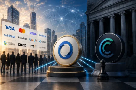 Open USD Masuk Pasar Stablecoin, Circle Tertekan? Group of businesspeople overlook a wall of payment-network logos (Visa, Mastercard, Stripe, Coinbase, Google, Ripple, etc.) beside two large coin sculptures in a futuristic cityscape.