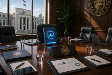 The Fed Buat Gugus Tugas AI untuk Perbarui Kebijakan Moneter A sleek conference room with a glowing AI chip display on the table, surrounded by notebooks, glasses of water, and a laptop, in front of large windows and a Federal Reserve seal on the wall.