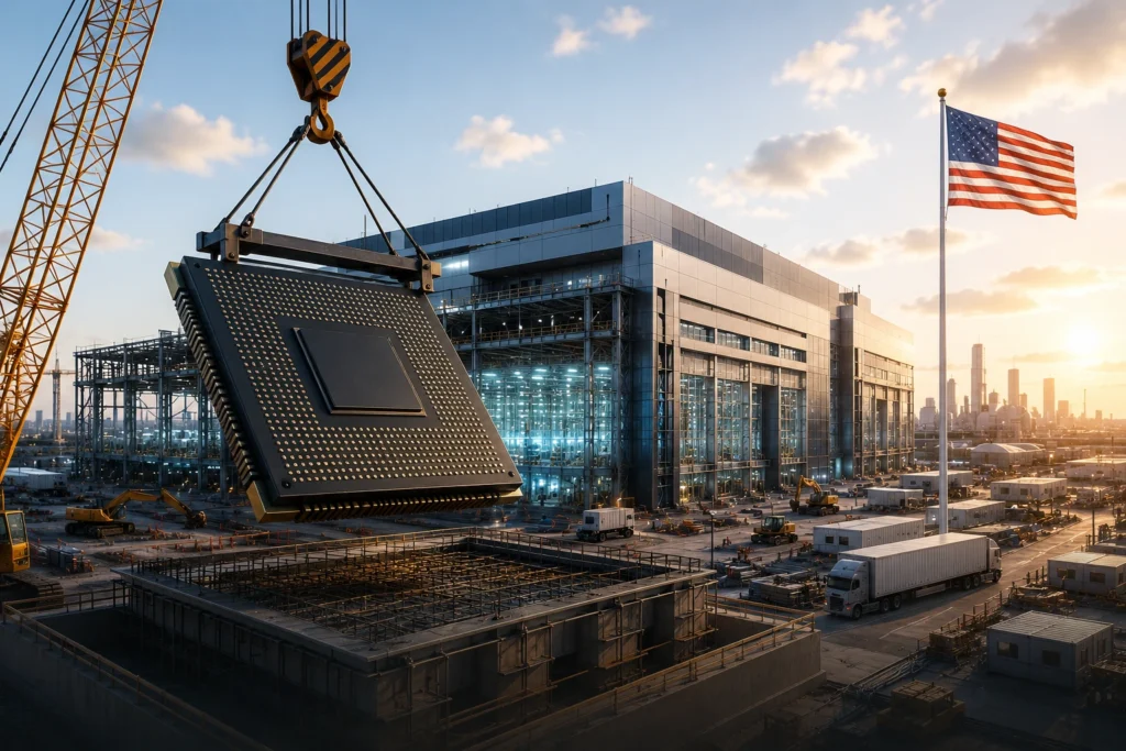 Micron Tambah Investasi Chip AS, Saham Melonjak Crane hoists a giant computer processor module onto a modern data center under construction at sunset.