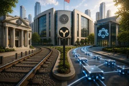 Hyperliquid & Phantom Dorong Regulasi DeFi yang Lebih Fleksibel Curving train tracks lead to a grand government-style building with a three-way arrows sign in a landscaped plaza, and a glowing blue modular walkway nearby.