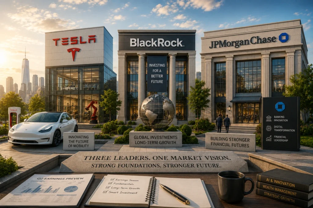 Rekomendasi Saham Hari Ini: TSLA, BLK, JPM (10 Juli 2026) Modern corporate plaza with Tesla, BlackRock, and JPMorgan Chase buildings, a large globe sculpture, and banners about investing for a better future.