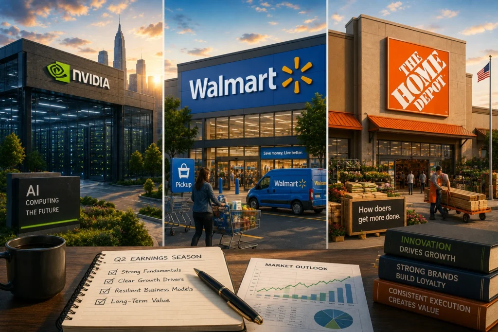 Rekomendasi Saham Hari Ini: NVDA, WMT, HD (13 Juli 2026) collage of NVIDIA, Walmart, and The Home Depot storefronts with a desk featuring Q2 earnings notes, market charts, and business books in the foreground