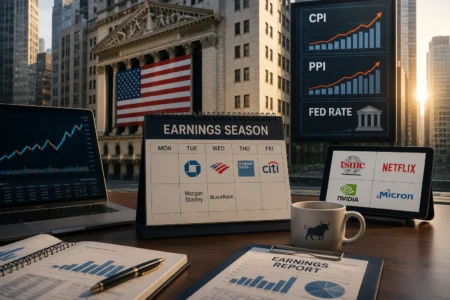 Finance desk scene: earnings calendar, laptops with stock charts, a tablet displaying company logos, a mug, and an American flag with a city skyline in the background.