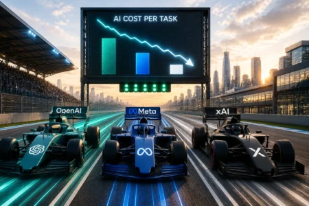 Three race cars labeled OpenAI, Meta, and XAI race on a neon-lit track beneath a large display reading 'AI COST PER TASK' with a city skyline in the background.