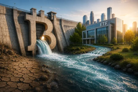 Dana Kembali Masuk ke ETF Bitcoin Setelah 8 Pekan Large Bitcoin symbol integrated into a dam with a waterfall, beside a modern ETF building and a distant city skyline at sunset.