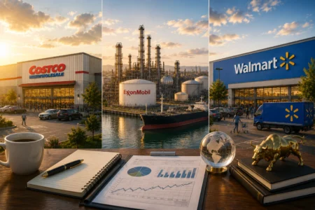 Triptych collage showing Costco, ExxonMobil refinery, and Walmart storefronts at sunset viewed from a desk with charts and coffee in the foreground ability to convey business context.