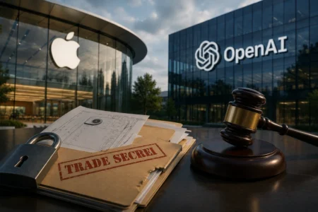 Apple Gugat OpenAI atas Dugaan Pencurian Rahasia Dagang Gavel and a padlock sit on a desk with stamped 'TRADE SECRET' documents, backdrop shows Apple and OpenAI office buildings in glass.