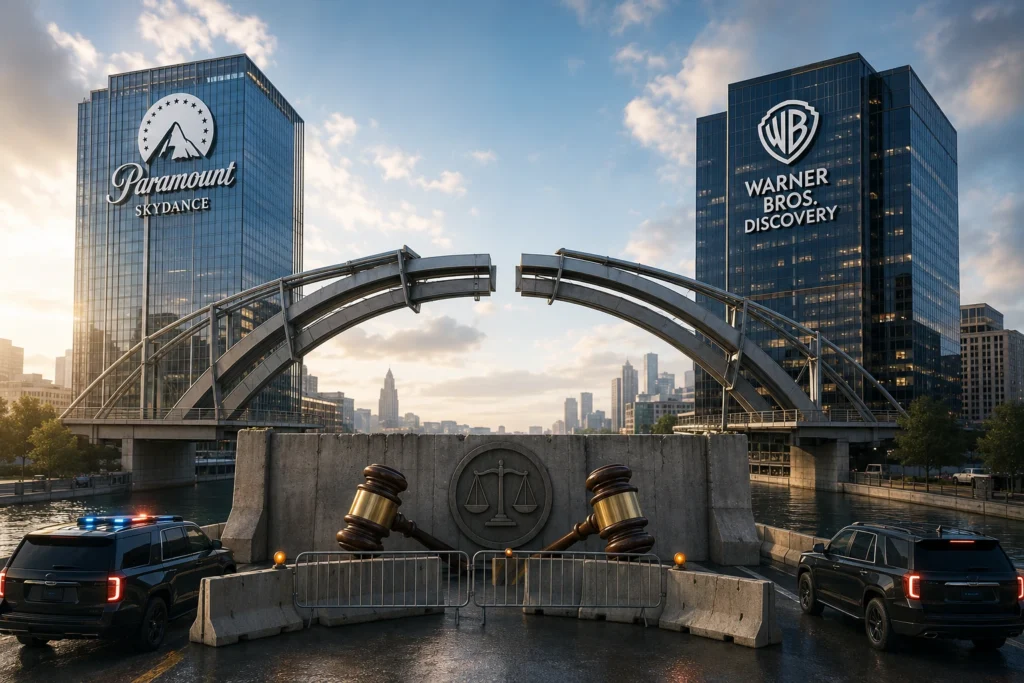 Paramount-WBD Digugat 12 Negara Bagian, Merger Tertunda? Skyline with Paramount Skydance and Warner Bros. Discovery towers, a curved metal bridge, and a large gavel sculpture blocking a road beneath. They imply a legal/security themed city scene with police cars nearby.