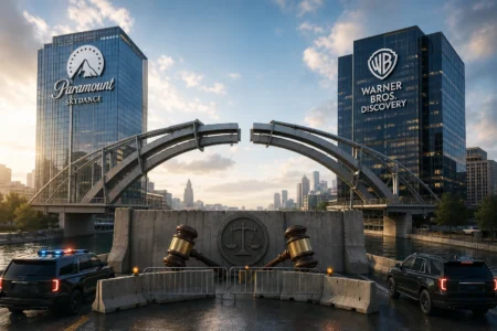 Skyline with Paramount Skydance and Warner Bros. Discovery towers, a curved metal bridge, and a large gavel sculpture blocking a road beneath. They imply a legal/security themed city scene with police cars nearby.