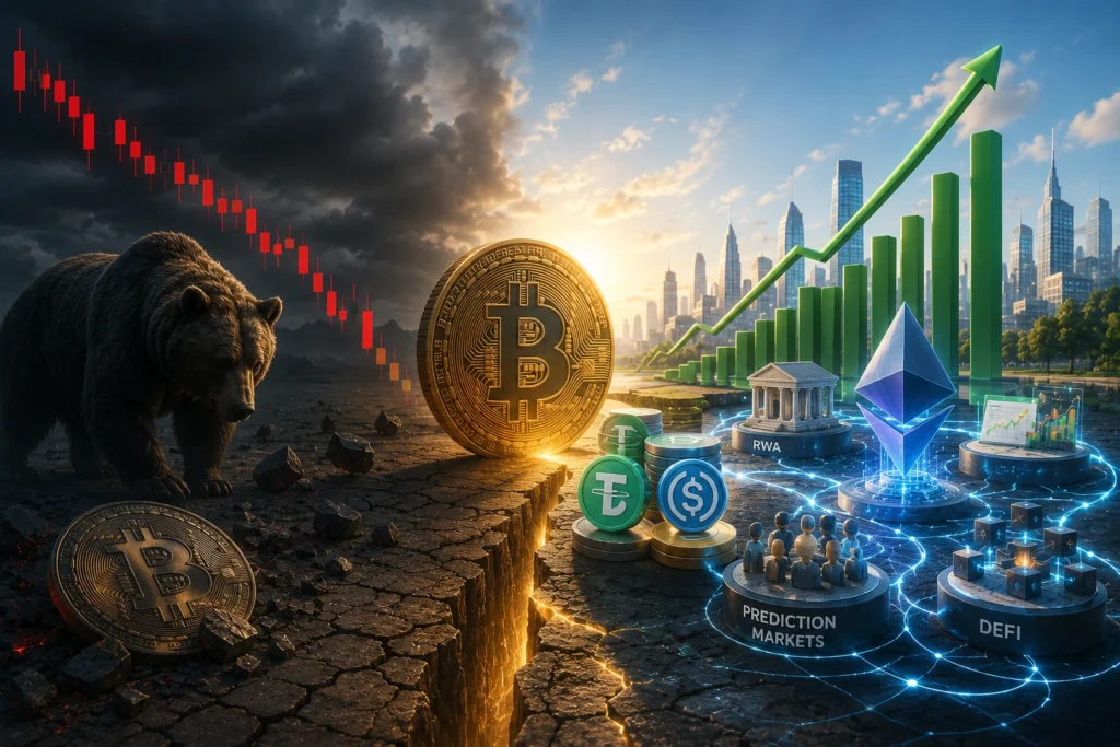 Kripto Masih Bearish, Fundamental Justru Menguat? Bear stands on cracked ground beside a large Bitcoin coin as rising green charts and Ethereum icon imply crypto market recovery and growth.