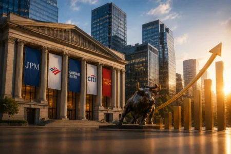 Bank-Bank AS Buka Earnings Season dengan Hasil Gemilang Bronze bull statue in front of a grand banking facade with banners for JPM, Citi, Goldman Sachs, and Wells Fargo against tall glass skyscrapers at sunset. visually rich financial district scene.