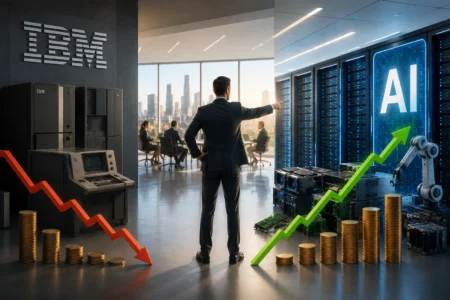 IBM Anjlok 25%, AI Ubah Prioritas Belanja Perusahaan Businessman in a suit points toward a glowing 'AI' server room, with rising green arrow and stacks of coins signaling growth and AI adoption.