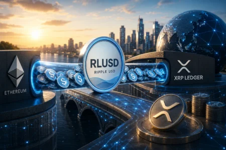 RLUSD Beralih ke XRP Ledger, Akankah XRP Diuntungkan? Ripple USD coin labeled RLUSD flows through a futuristic glass conduit between Ethereum and XRP Ledger symbols, with a globe in the background.