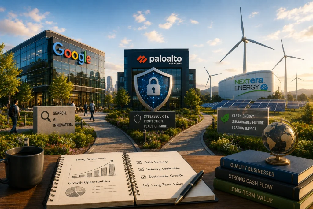 Rekomendasi Saham Hari Ini: GOOG, PANW, NEE (15 Juli 2026) Corporate tech campus with Google and Palo Alto Networks buildings, wind turbines, solar panels, and a notebook showing growth plans on a table in the foreground.