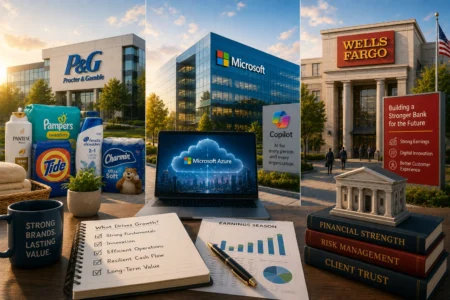Office courtyard with three corporate buildings (P&G, Microsoft, Wells Fargo) and a desk scene showing brand products, a laptop displaying Microsoft Azure, and growth reports.