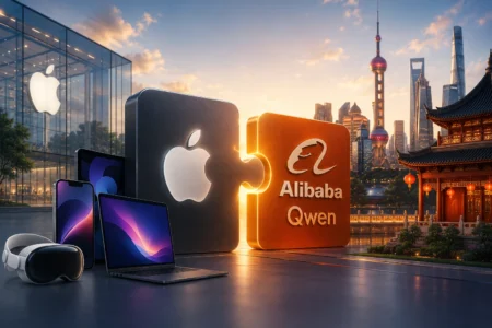 Apple Intelligence Resmi Masuk China Lewat Alibaba 3D scene showing Apple and Alibaba Qwen logos on connected blocks with Apple devices and a futuristic cityscape in the background, symbolizing tech collaboration.