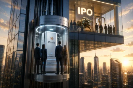 Claude Bawa Anthropic Selangkah Lagi ke IPO Businesspeople in formal attire observe a large branded device labeled 'Claude' inside a glass capsule on a skyscraper, with an IPO sign and city skyline at sunset behind them.