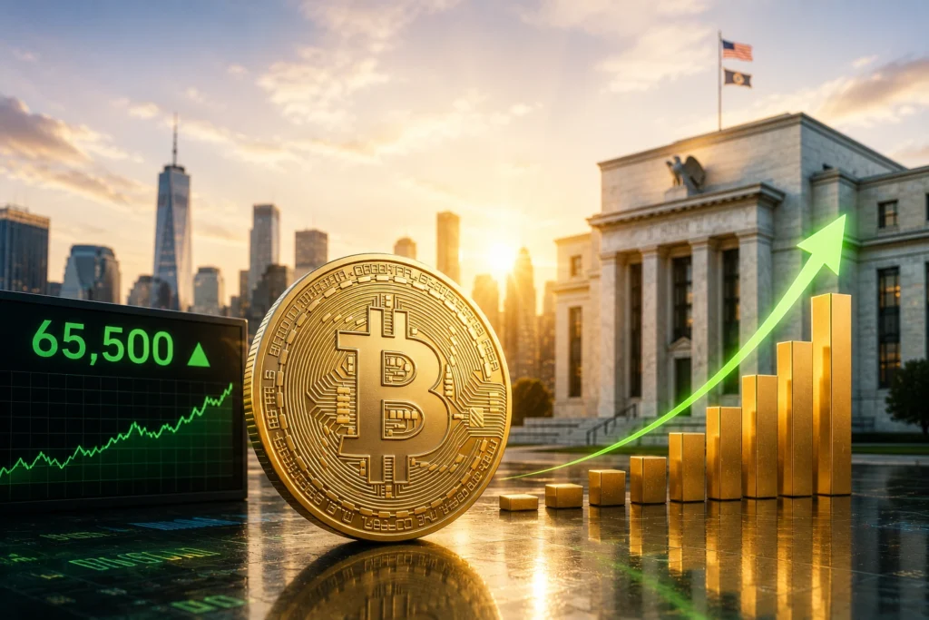 Bitcoin Sentuh US$65.500 Usai Inflasi AS Mendingin Bitcoin coin with rising bar chart and upward stock line in front of a government building at sunset, conveying crypto growth in finance.