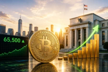 Bitcoin Sentuh US$65.500 Usai Inflasi AS Mendingin Bitcoin coin with rising bar chart and upward stock line in front of a government building at sunset, conveying crypto growth in finance.