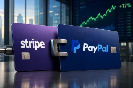 Stripe Ajukan Tawaran Akuisisi PayPal Senilai US$53 Miliar Two payment panels labeled Stripe and PayPal joined together, with a stock market chart in the background.