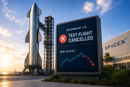 Uji Starship Batal, Saham SpaceX Tertekan Digital sign reading 'Test Flight Cancelled' at SpaceX Starship facility with a rocket on the pad in the background.