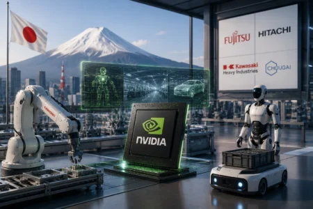 Nvidia Perluas Ekosistem AI Fisik di Jepang Robotics lab scene with a NVIDIA workstation; holographic panels show a humanoid figure, a car, and a factory interior. Behind are city buildings and Mount Fuji with a Japanese flag.