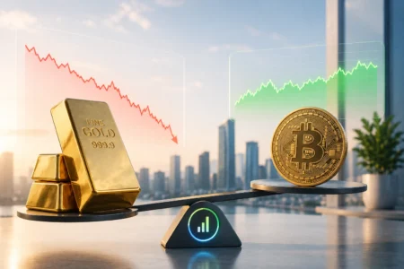 Emas Masuk Bear Market, Bitcoin Lebih Tahan Gold bars and a Bitcoin on a balance scale, with red downward and green upward market charts in the background—the gold vs crypto investment theme.
