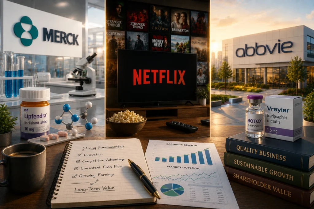 Rekomendasi Saham Hari Ini: MRK, NFLX, ABBV (17 Juli 2026) Desk scene blending pharma and media: Netflix on a TV, Merck and AbbVie branding outside, pills and lab glassware on the left, and a notebook with checklists and charts in the foreground.