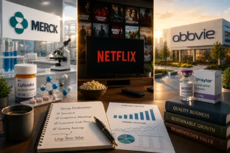 Desk scene blending pharma and media: Netflix on a TV, Merck and AbbVie branding outside, pills and lab glassware on the left, and a notebook with checklists and charts in the foreground.