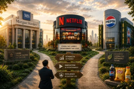 Rekomendasi Saham Hari Ini: MS, NFLX, PEP (2 Juli 2026) Man in a suit stands on a brick path facing wooden direction signs at a sunlit corporate campus with Netflix, Morgan Stanley and Pepsi buildings behind him.